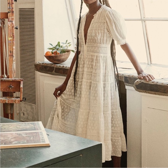 Doen Dresses & Skirts - Doen Cream Tiered Midi Sundress with Puff Sleeves